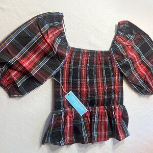 NWT DRAPER JAMES SMOCKED PEPLUM TOP-RED-BLACK